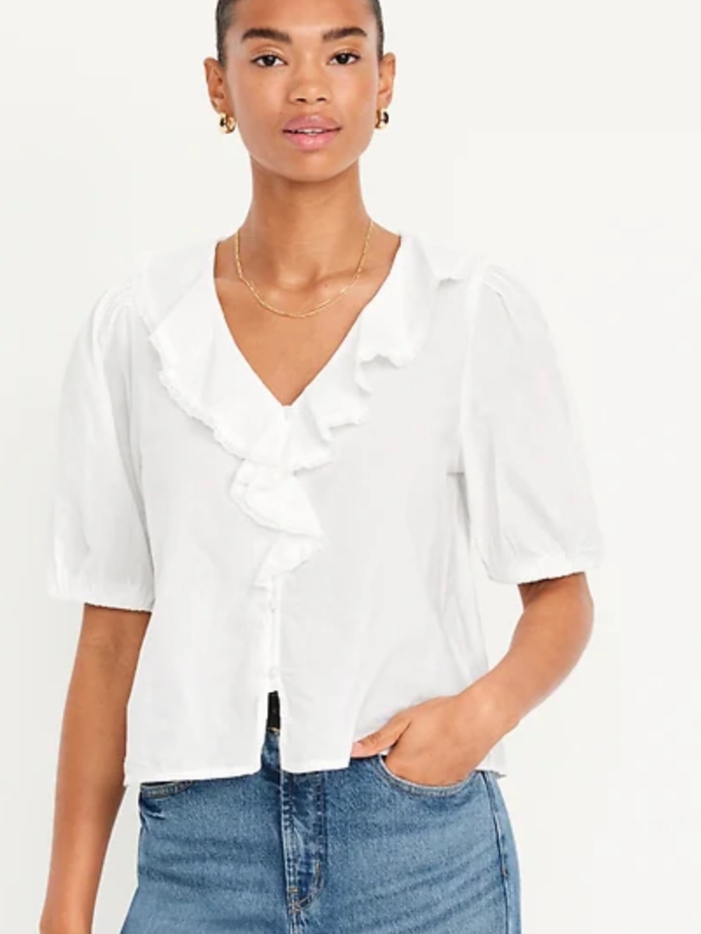 Old Navy White Ruffled V-Neck Puff Sleeve Top